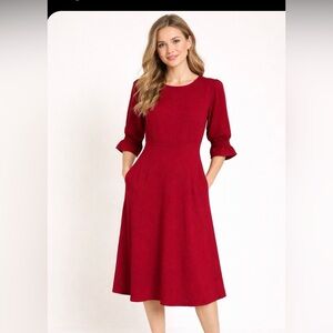Halogen Red Fit & Flare Midi Dress – Elegant 3/4 Sleeve, Classic timeless